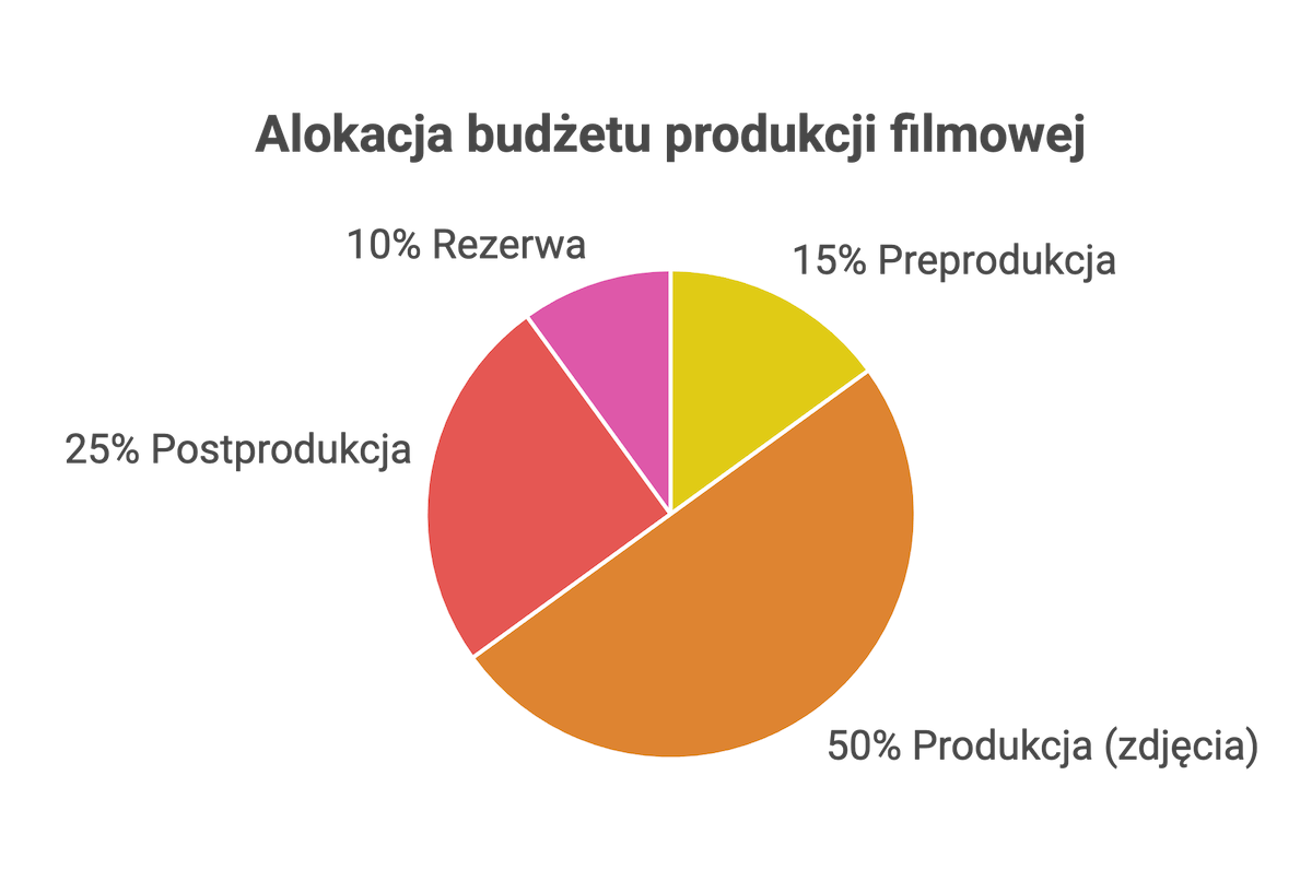 Infografika: podział budżetu produkcji filmowej – preprodukcja 15%, produkcja/zdjęcia 50%, postprodukcja 25%, rezerwa 10%