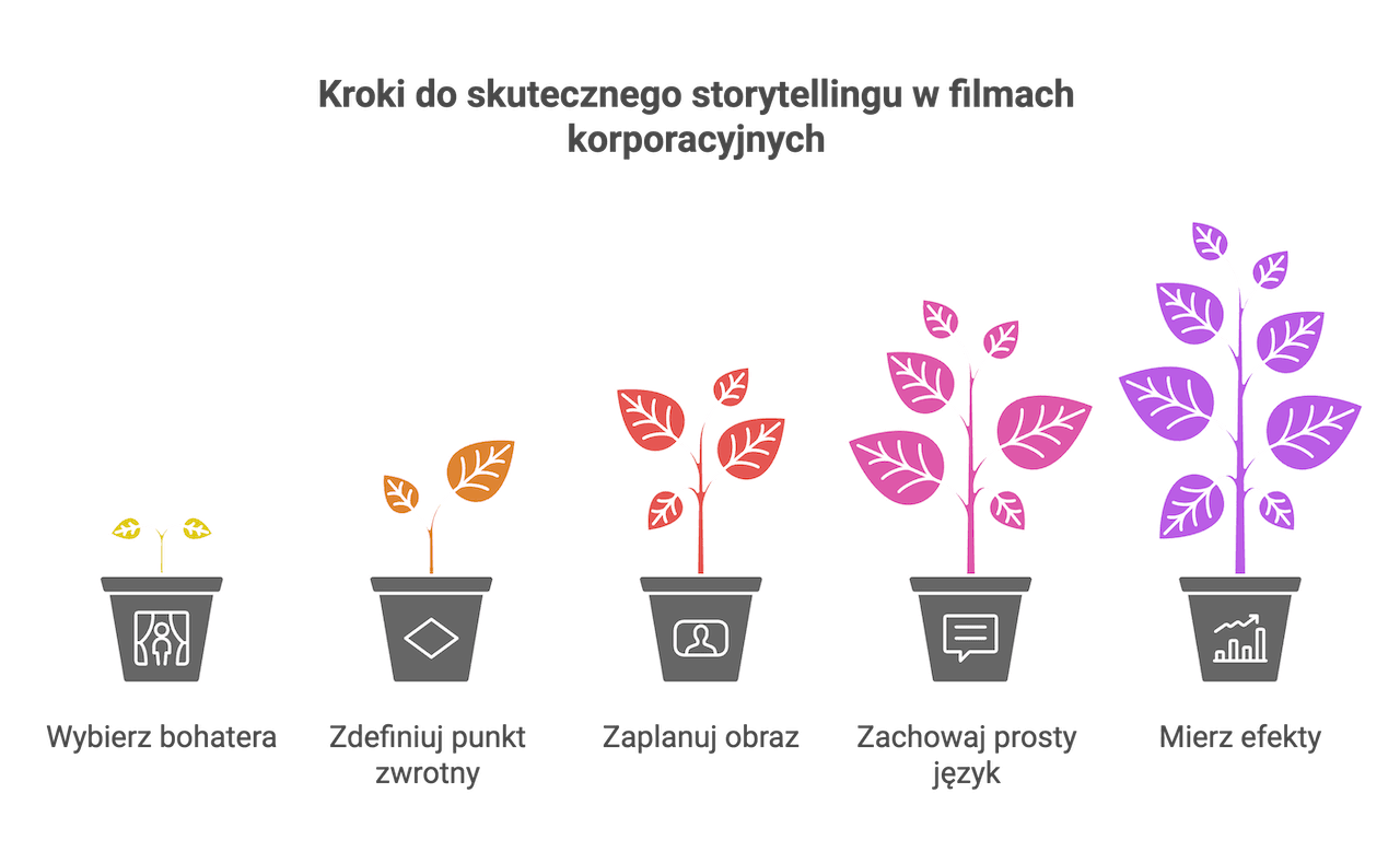 Infografika: kroki skutecznego storytellingu w filmach korporacyjnych – wybór bohatera, punkt zwrotny, prosty obraz, prosty język, mierzenie efektów